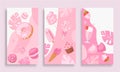 Pink sweet dessert vector illustration, cartoon flat vertical web banner set with chocolate cake, homemade tasty muffin