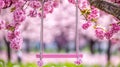 Pink Swing Hanging from a Blooming Cherry Tree in a Spring Park, Dreamlike, Romantic Scene Royalty Free Stock Photo