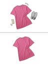 Pink t shirt short sleeve with flat lay creative display concept isolated on plain background