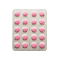 20 pink tablets in a silver blister on white isolated without shadow