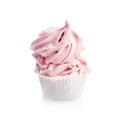 Pink tasty muffin isolated on white background.