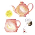 Pink teapot, cup, teabag and lemon set. Watercolor.