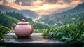 Pink teapot sunrise tea plantation serenity Royalty Free Stock Photo
