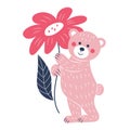 Pink teddy bear with flowers. Postcard for Valentine\'s Day. Flat style