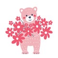 Pink teddy bear with flowers. Postcard for Valentine\'s Day. Flat style