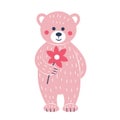 Pink teddy bear with flowers. Postcard for Valentine\'s Day. Flat style