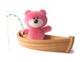 Pink teddy bear with fluffy soft fur fishing from her dinghy, 3d illustration