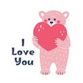 Pink teddy bear and heart. Postcard for Valentine\'s Day. Flat style
