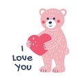 Pink teddy bear and heart. Postcard for Valentine\'s Day. Flat style