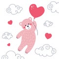 Pink teddy bear and heart. Postcard for Valentine\'s Day. Flat style