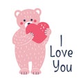 Pink teddy bear and heart. Postcard for Valentine\'s Day. Flat style