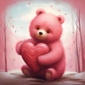 Pink teddy bear, hugging a red heart around the tree, flying hearts. Heart as a symbol of affection ane Royalty Free Stock Photo