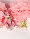 Pink teddy bear and paper decor, pom-pom Royalty Free Stock Photo