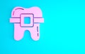 Pink Teeth with braces icon isolated on blue background. Alignment of bite of teeth, dental row with with braces. Dental