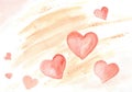 Pink tender hearts on a light pink background, painted with watercolor hearts.