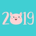 2019 pink text. Cute pig face head. Piggy piglet. Happy New Year Chinise symbol. Cartoon funny kawaii smiling baby character. Flat Royalty Free Stock Photo