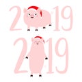 2019 pink text set. Pig. Piggy piglet. Santa hat. Happy New Year Chinise symbol. Cute cartoon funny kawaii baby character. Flat Royalty Free Stock Photo
