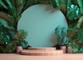 Pink texture podium mockup with turquoise round background, green tropical leaves, palm tree, monstera. Generative AI