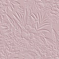 Pink Textured floral line art emboss tropical exotic flowers 3d seamless pattern. Relief vector background. Repeat embossed