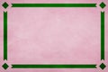 Pink textured parchment paper background. Green ribbon border trim. Diamonds in corners.