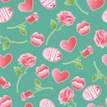 Pink textured vector icons about amorousness and romance. Seamless pattern retro set background of stickers, pins