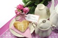 Pink theme Happy Mothers Day breakfast tray with copy space