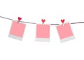 pink three photoframes with red heart clothepins Royalty Free Stock Photo