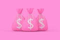 Pink Tied Rustic Canvas Linen Money Sacks or Money Bags with Dollar Sign. 3d Rendering