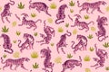 Pink tigers and tropical leaves. Vector seamless pattern with cute tigers on background.