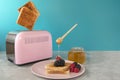 A pink toaster oven with leaping slices of fried bread on a blue  Breakfast with honey and berries Royalty Free Stock Photo