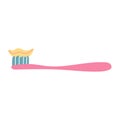 Pink toothbrush with paste painted by hand on a white background. Vector image in a flat style Royalty Free Stock Photo