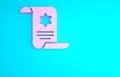 Pink Torah scroll icon isolated on blue background. Jewish Torah in expanded form. Star of David symbol. Old parchment