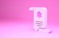 Pink Torah scroll icon isolated on pink background. Jewish Torah in expanded form. Star of David symbol. Old parchment