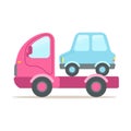 Pink tow truck, service of evacuation colorful cartoon vector Illustration Royalty Free Stock Photo