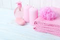 Pink towels with soap and wisp Royalty Free Stock Photo