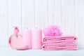 Pink towels with soap and wisp Royalty Free Stock Photo