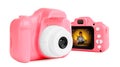 Pink toy cameras on white background in collage, one with photo of cute little girl reading book Royalty Free Stock Photo