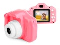 Pink toy cameras on white background in collage, one with photo of cute girl sitting on sofa at home Royalty Free Stock Photo