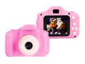 Pink toy cameras on white background in collage, one with photo of girl and Santa Claus Royalty Free Stock Photo