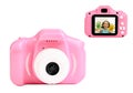 Pink toy cameras on white in collage, one with photo of girl indoors Royalty Free Stock Photo