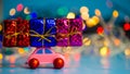 Pink toy car delivers Christmas presents on the background of th Royalty Free Stock Photo