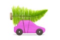 Pink toy car with green christmas tree Royalty Free Stock Photo