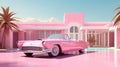 Pink toy classic car on the background of a blurred dollhouse. Toy world Royalty Free Stock Photo