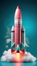 Pink toy rocket on a plain turquoise background. The shuttle takes off, releasing clouds of volumetric smoke.