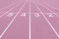 Pink track and field lanes and numbers. Running lanes at a track and field athletic center. Horizontal sport theme poster, greetin Royalty Free Stock Photo