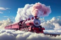 A pink train traveling through a cloudy blue sky. Smoke from the chimney of a retro locomotive