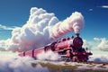 A pink train traveling through a cloudy blue sky. Smoke from the chimney of a retro locomotive