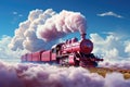 A pink train traveling through a cloudy blue sky. Smoke from the chimney of a retro locomotive