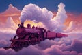 A pink train traveling through a cloudy blue sky. Smoke from the chimney of a retro locomotive