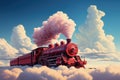 A pink train traveling through a cloudy blue sky. Smoke from the chimney of a retro locomotive